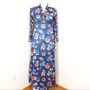 Vintage 1970s NWT Blue Floral Dress w/ High Collar Sz 14